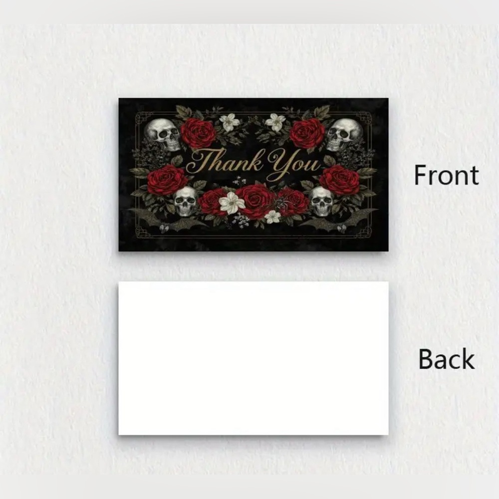 PRICE IS FIRM - Set of 25 Elegant Goth Black & Red Rose Skull ‘Thank You’ Card - Picture 2 of 3